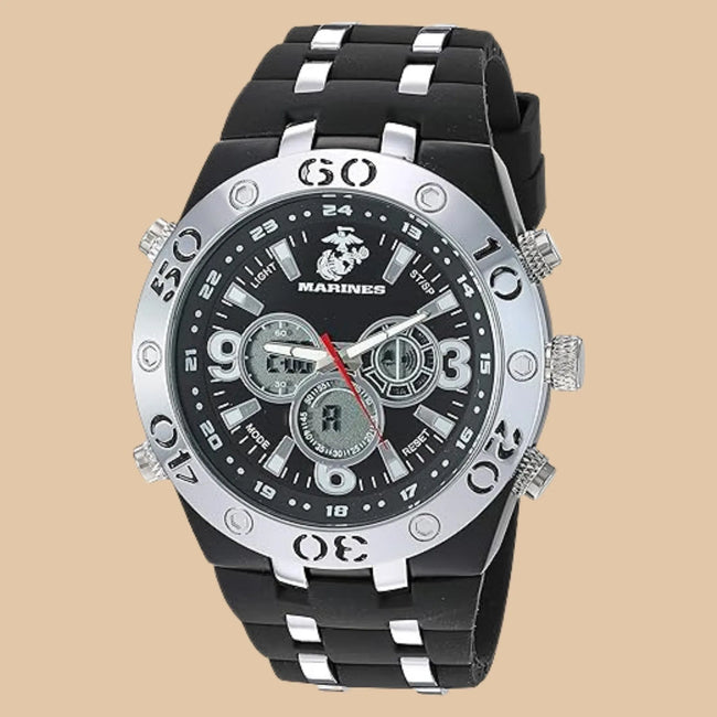 Sports Watch with Black Silicone Strap, Analog-Digital Dial, Metallic Bezel, MARINES Logo