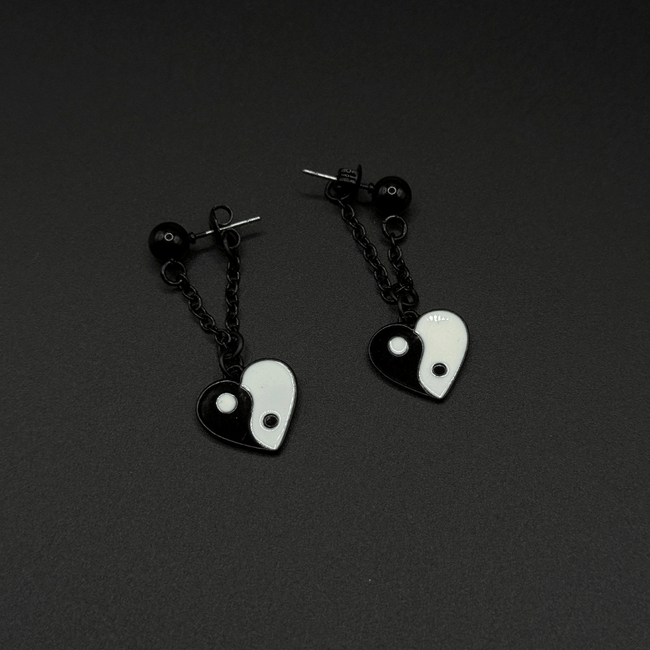 Black & White Yin Yang Heart Stainless Steel Earrings