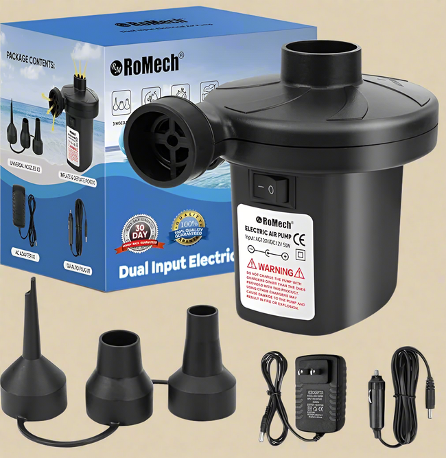 ROMECH Air Pump for Inflatables, 110 V AC / 12 V DC Dual‑Input Electric Pump with 3 Nozzles for Indoor/Outdoor Inflatable Camping Air Mattress Kayak