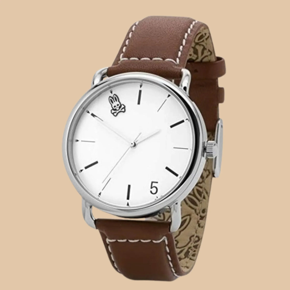 Psycho Bunny Stainless Steel Watch with Brown Leather Strap 5 ATM Water Resistance