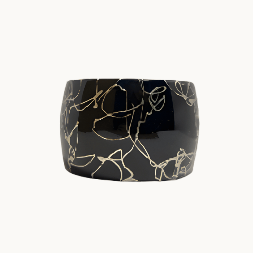 Wide Black Bracelet with Silver Abstract Streaks