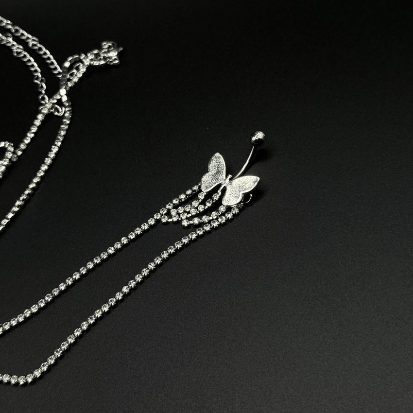 Silver Butterfly Belly Button Ring with Stones & Chain