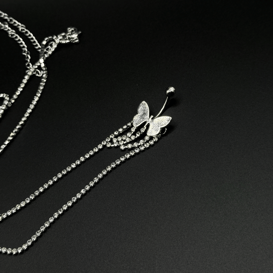 Silver Butterfly Belly Button Ring with Stones & Chain