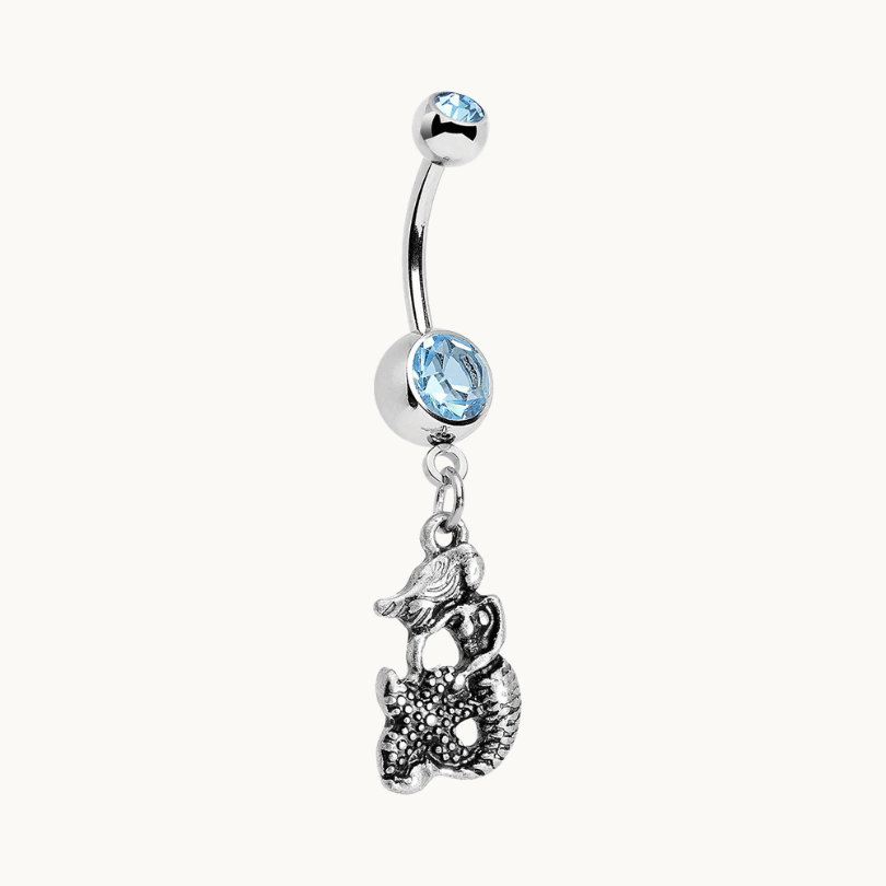 Mermaid Belly Button Ring – Silver with Blue Stone