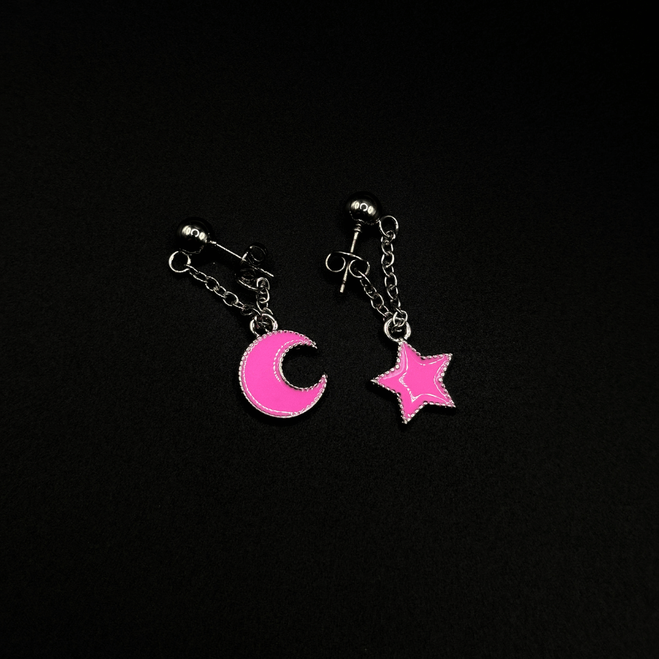 Pink & Silver Moon and Star Stainless Steel Earrings for Girls