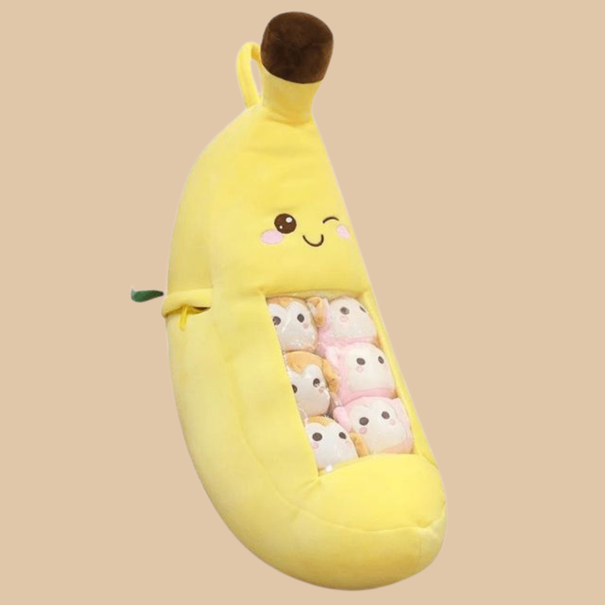 Banana Plush Pillow with 8 Puppy Dolls – Zippered Removable Set (24" x 18")