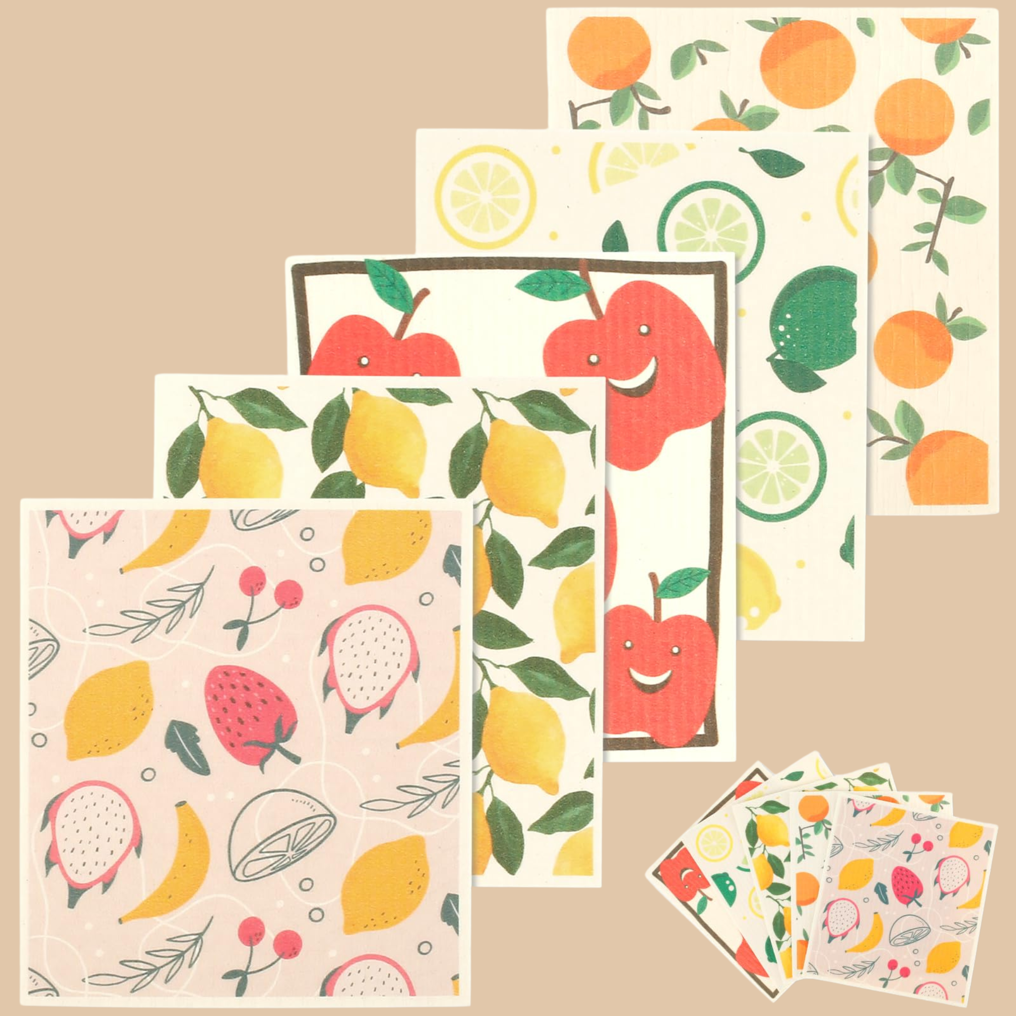 5Pcs Kitchen Dishcloths Microfiber Swedish Fruit Print