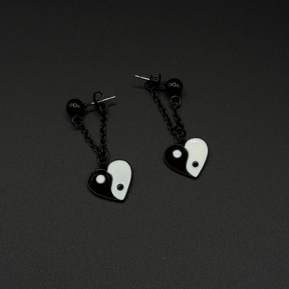 Black & White Yin Yang Heart Stainless Steel Earrings