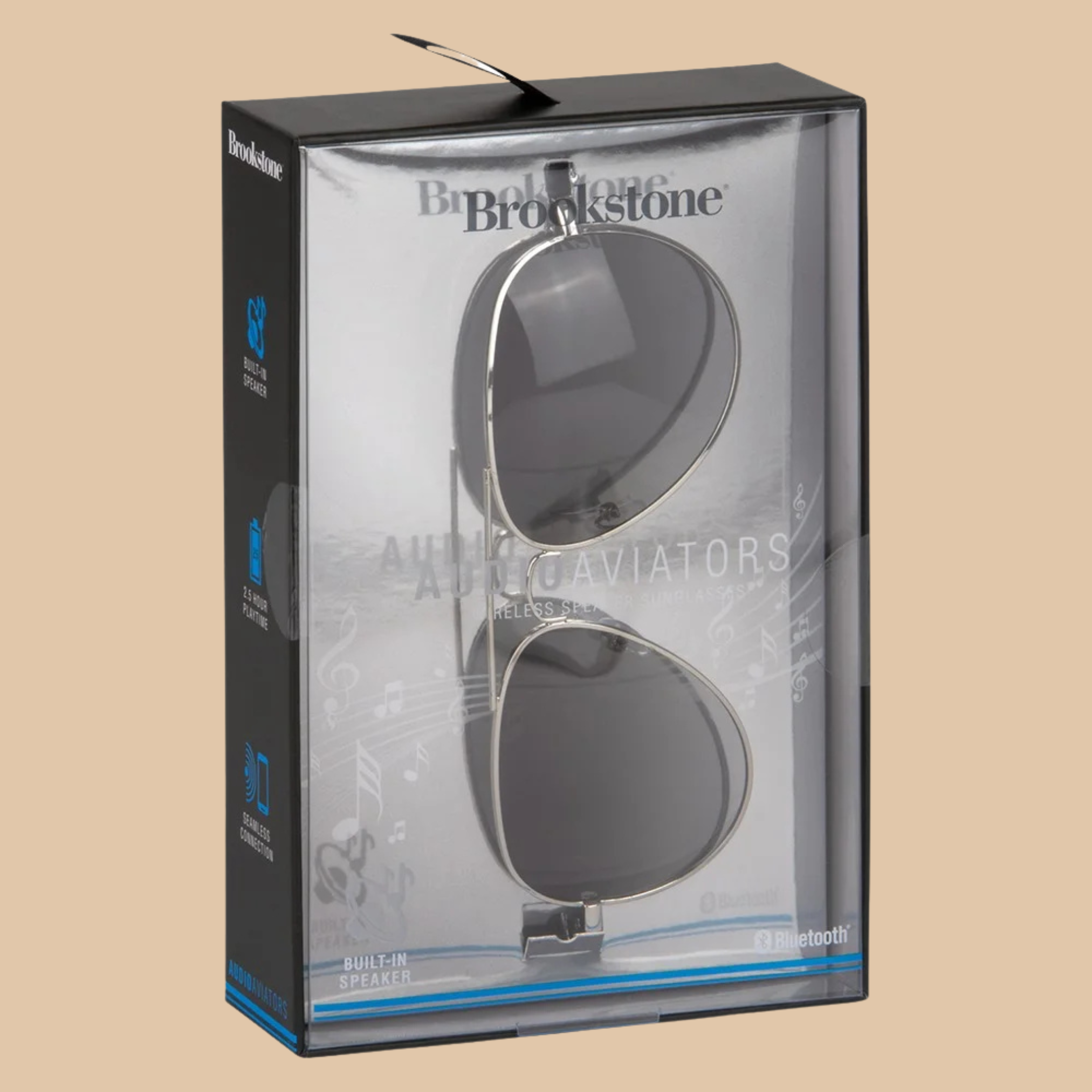 Brookstone Audio Shades Aviator Silver Sunglasses with Wireless Speaker