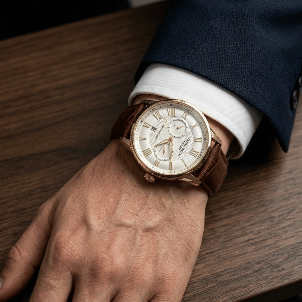 Mason Parker Collection Men’s Watch – Gold-Tone Case White Roman Dial Brown Leather Strap RJ-330
