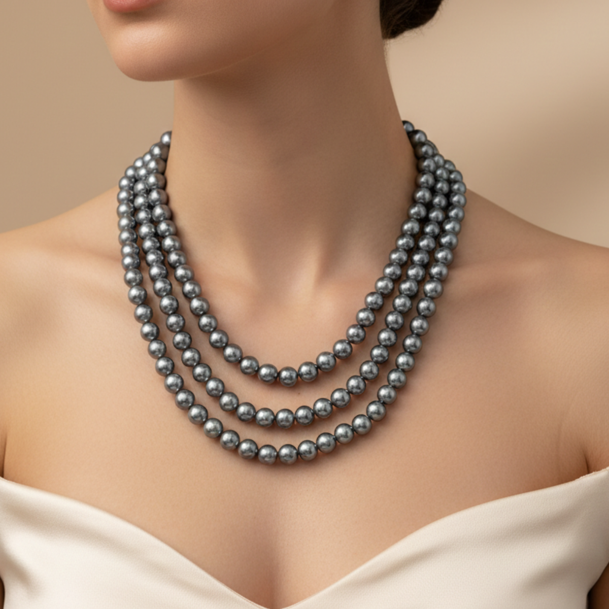 Lustrous Grey Triple-Strand Beaded Necklace