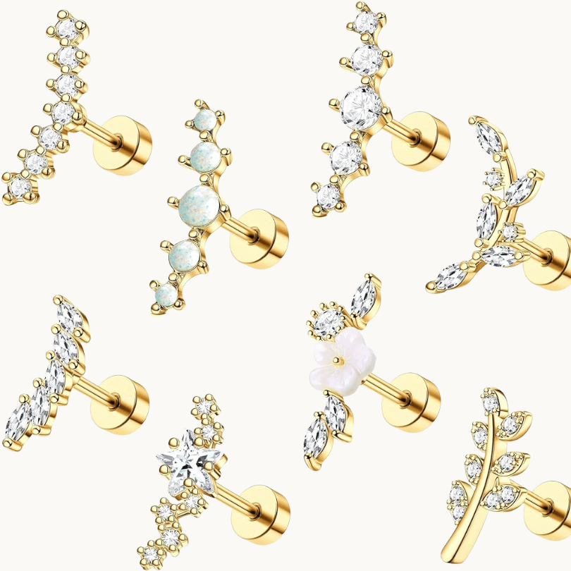 Gold Opal Cartilage Earrings Helix Piercing Set