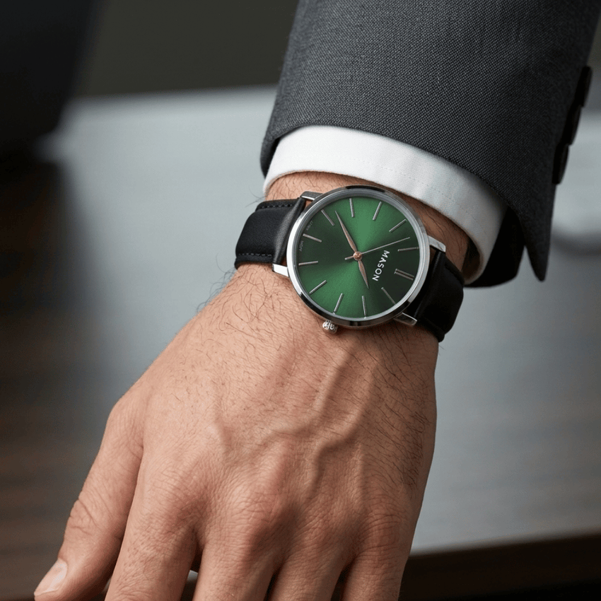 Mason Men’s Green Dial Watch – Silver-Tone Case with Black Leather Strap RJ-237