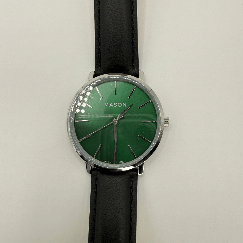 Mason Men’s Green Dial Watch – Silver-Tone Case with Black Leather Strap RJ-237