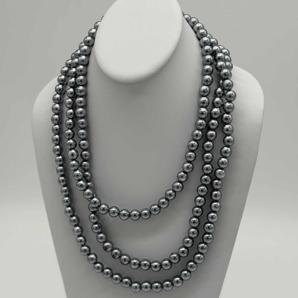 Lustrous Grey Triple-Strand Beaded Necklace