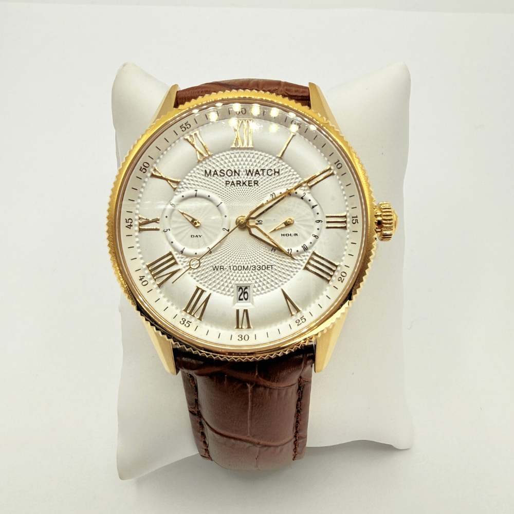 Mason Parker Collection Men’s Watch – Gold-Tone Case White Roman Dial Brown Leather Strap RJ-330