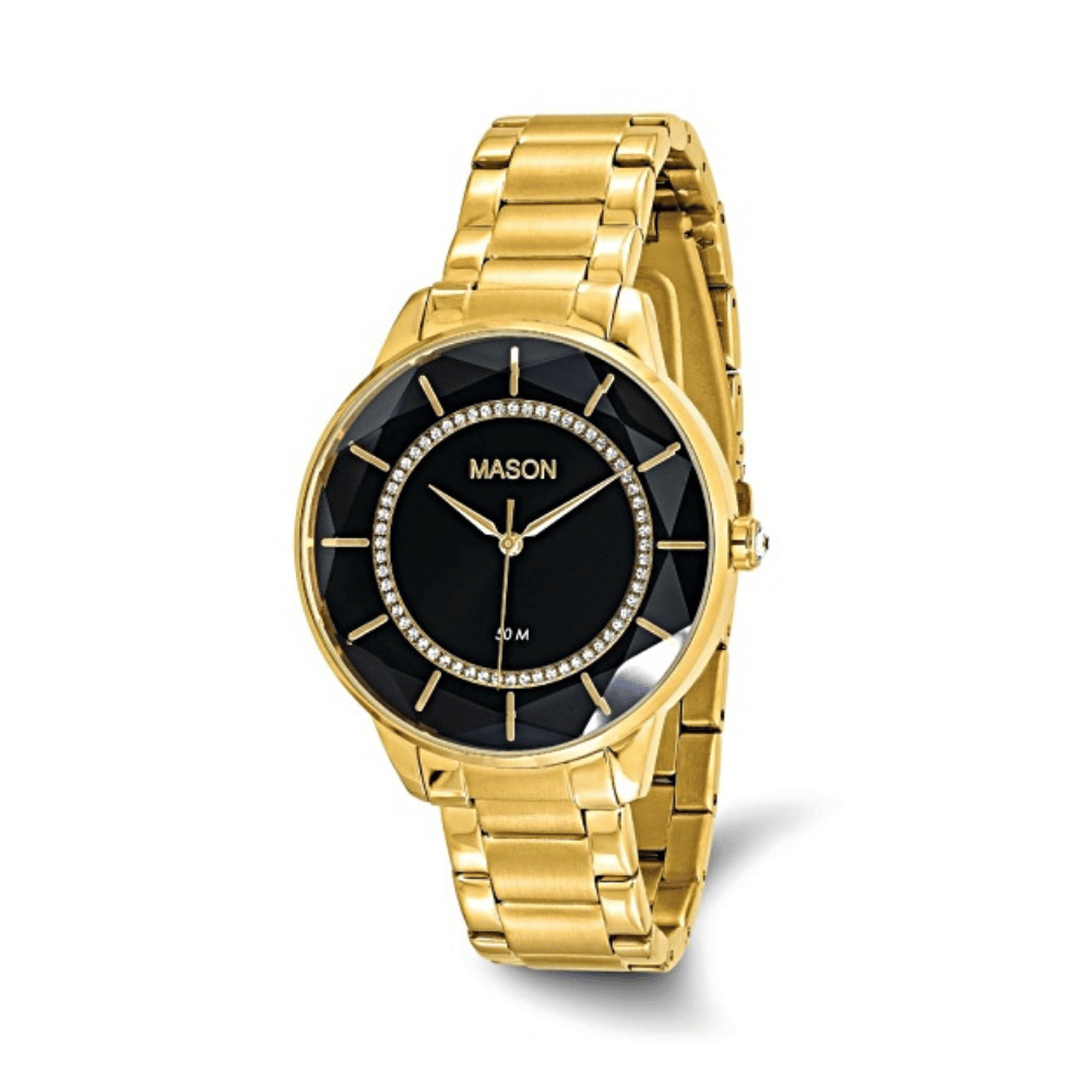 Mason Yellow IP Stainless Steel Watch – Black Dial with Crystal Accents RJ-222