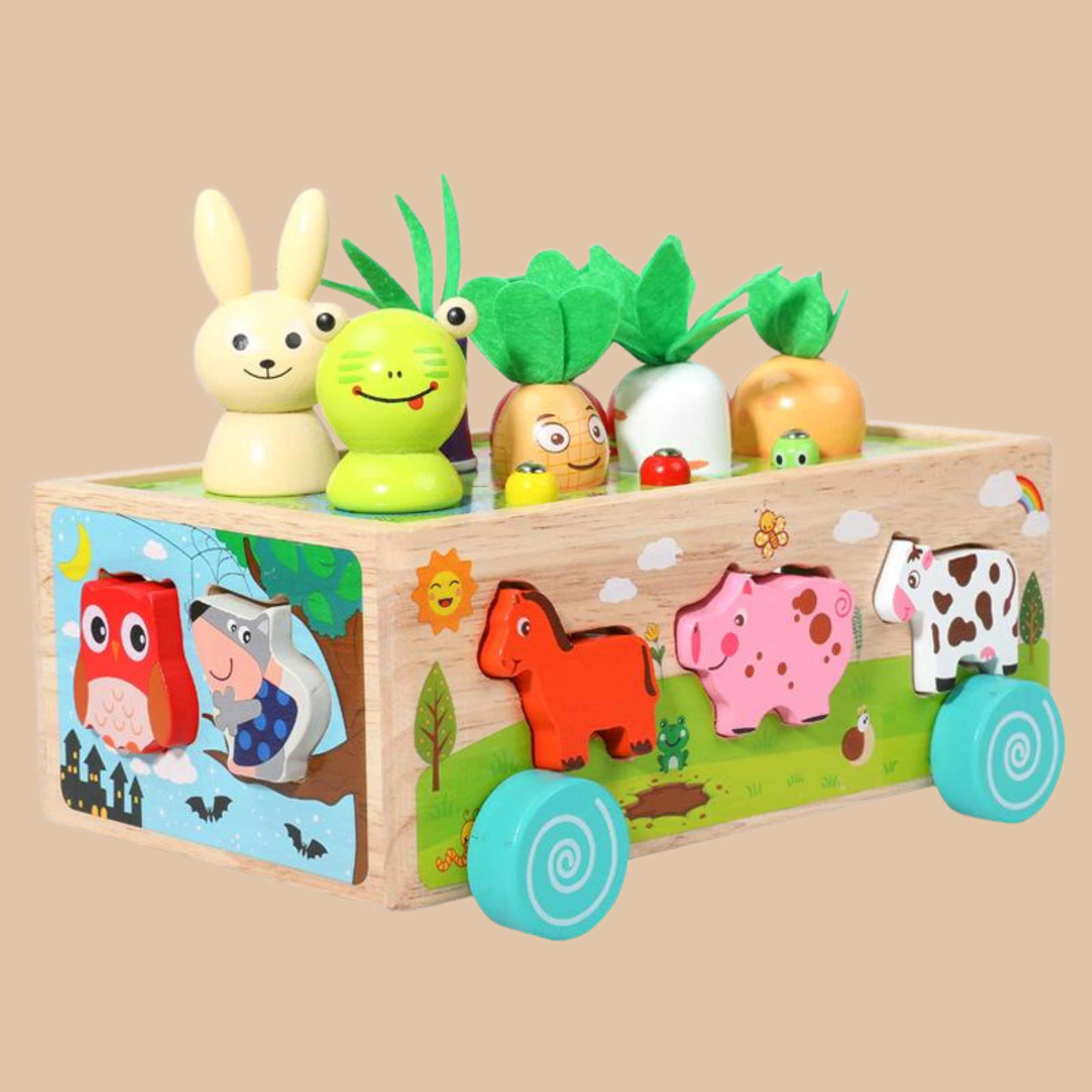 HAPPY FARM ANIMAL CAR, Montessori Children's Games 1 2 3 4 Year 6 in 1 Wooden Games