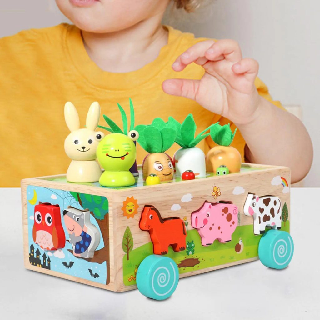HAPPY FARM ANIMAL CAR, Montessori Children's Games 1 2 3 4 Year 6 in 1 Wooden Games