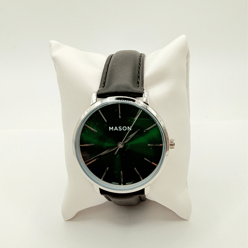 Mason Men’s Green Dial Watch – Silver-Tone Case with Black Leather Strap RJ-237
