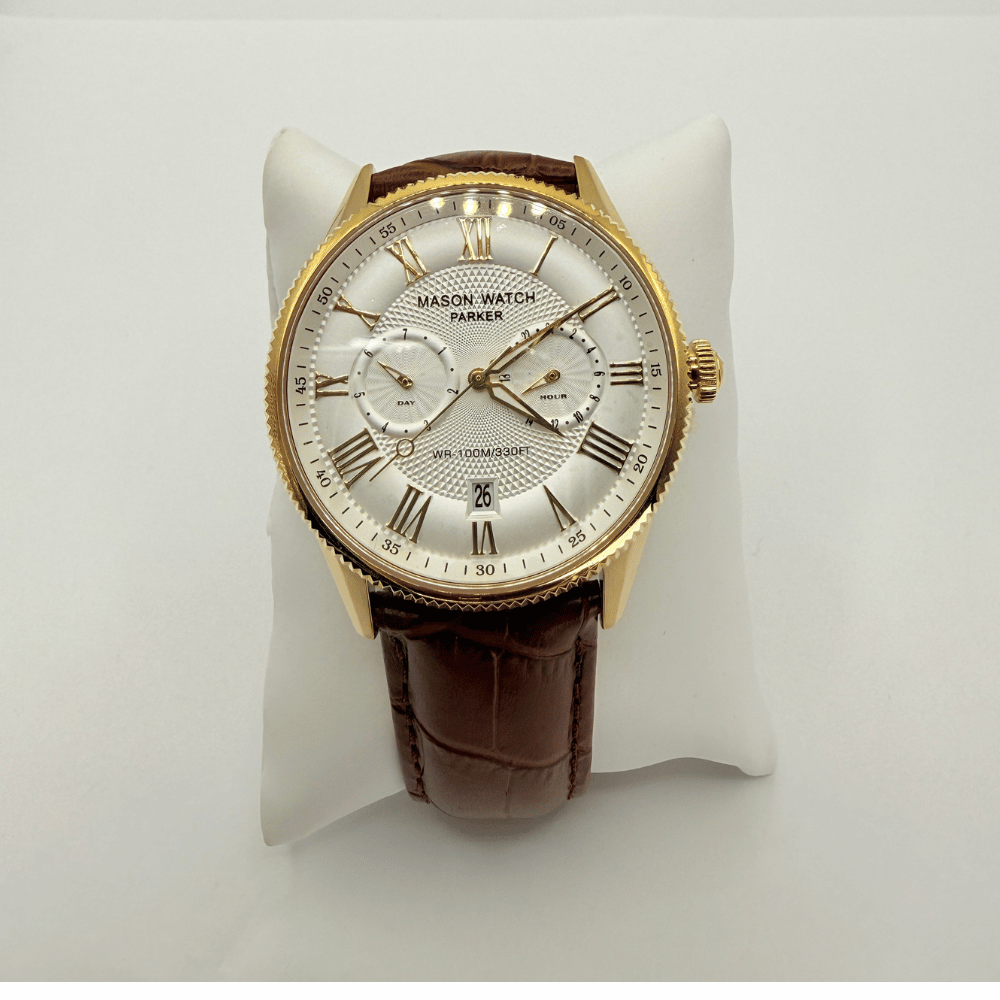 Mason Parker Collection Men’s Watch – Gold-Tone Case White Roman Dial Brown Leather Strap RJ-330
