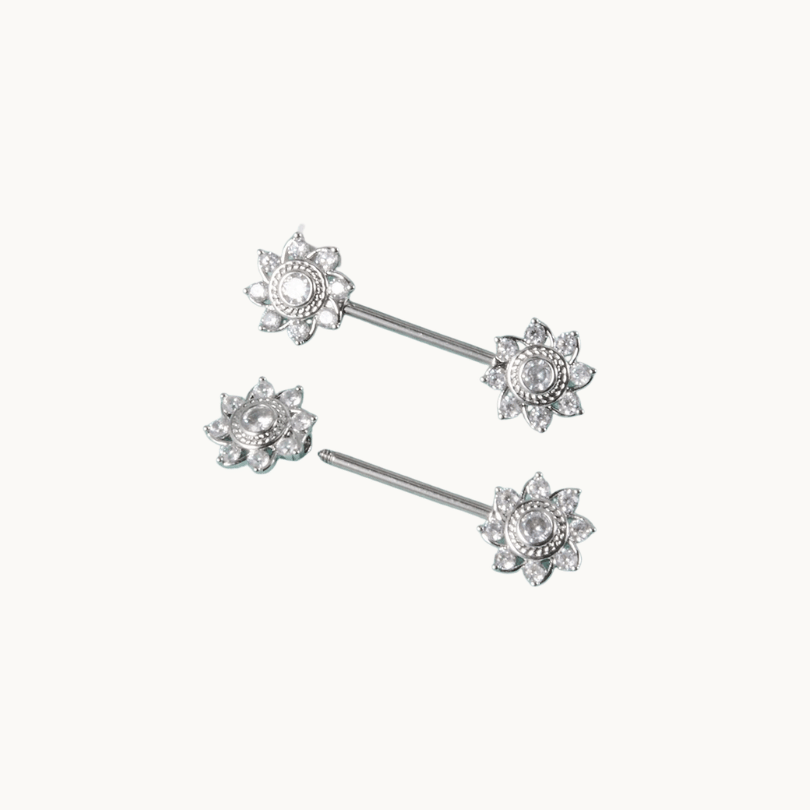 Silver Opal Flower Nipple Barbells 14G Pair