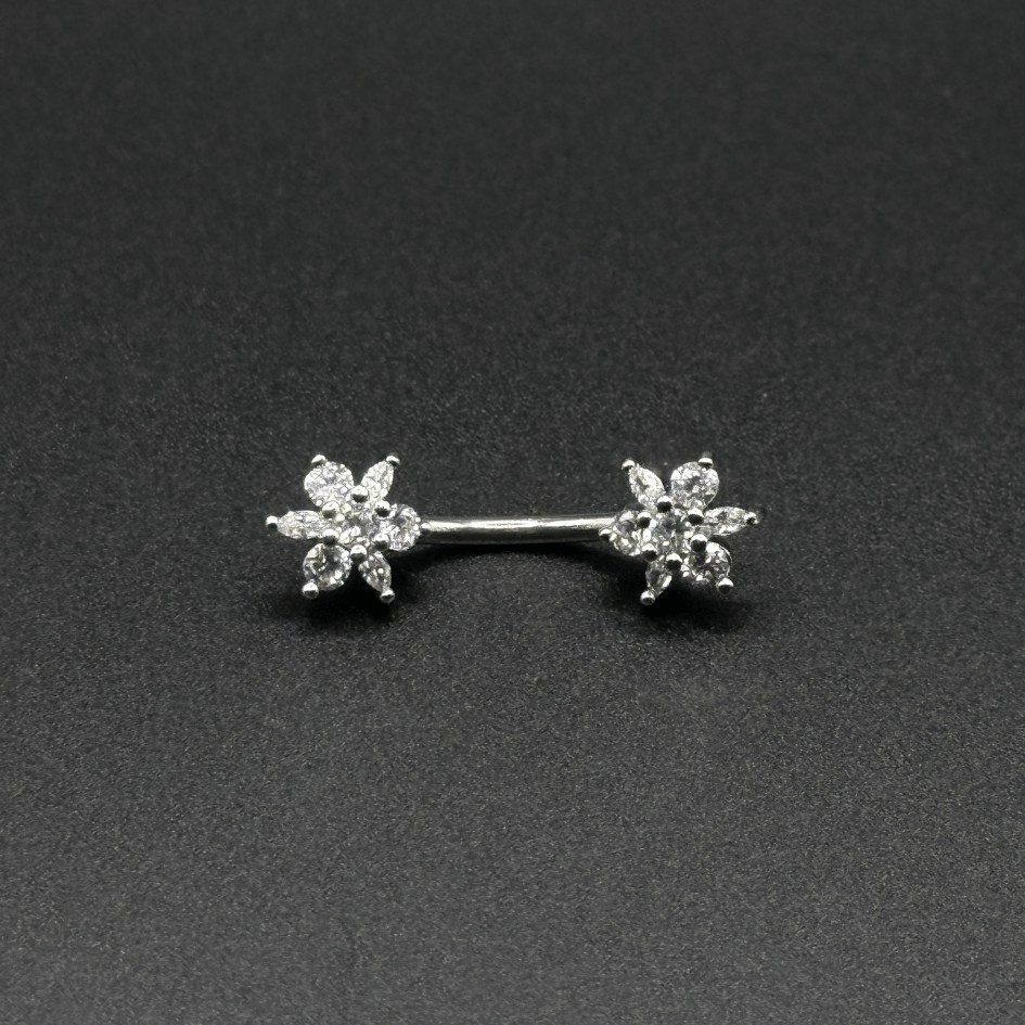 Belly Button Ring with Double Flowers & Zircon Stones