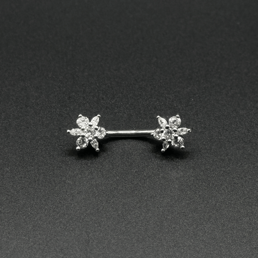 Belly Button Ring with Double Flowers & Zircon Stones