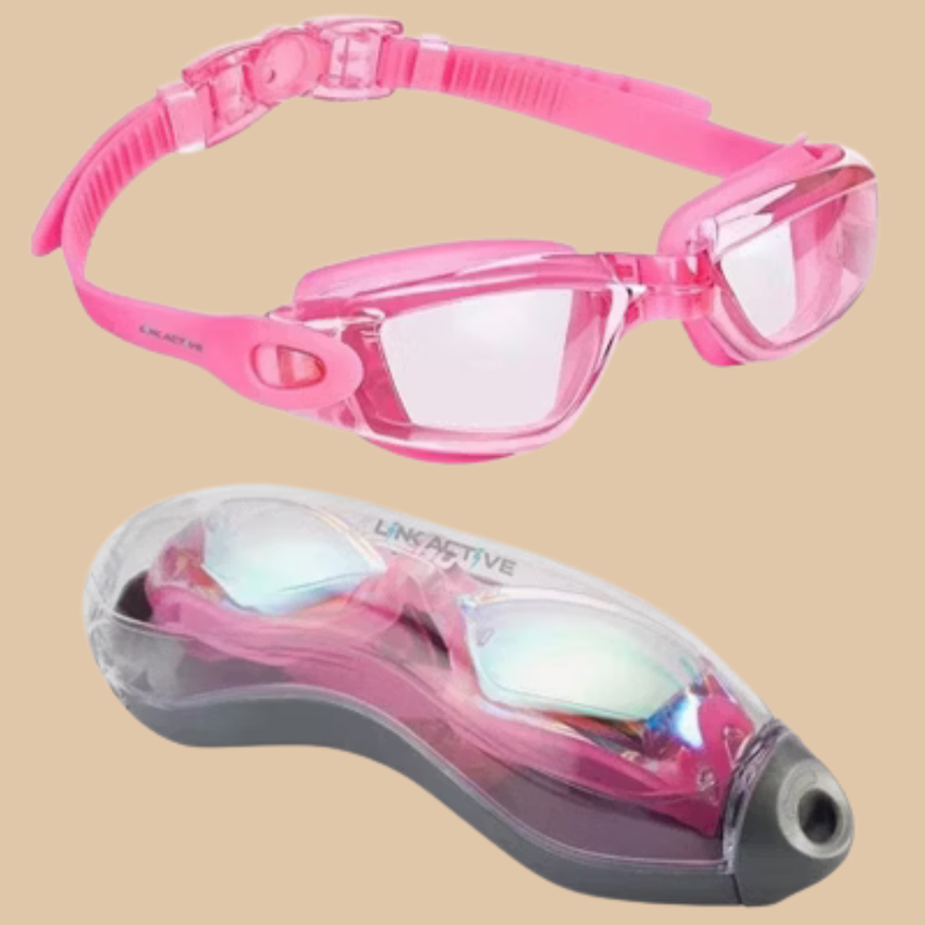 Pink Adult Swim Goggles with Ear Plugs – Anti Fog, UV Protection