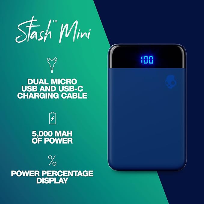 Skullcandy Stash Mini Portable Charger, 5000mAh Power Bank with 12W USB A Charging Port and 12W USB C Charging Port, Bonus USB A to Micro USB / Type C Dual Charging Cable - Blue/Green