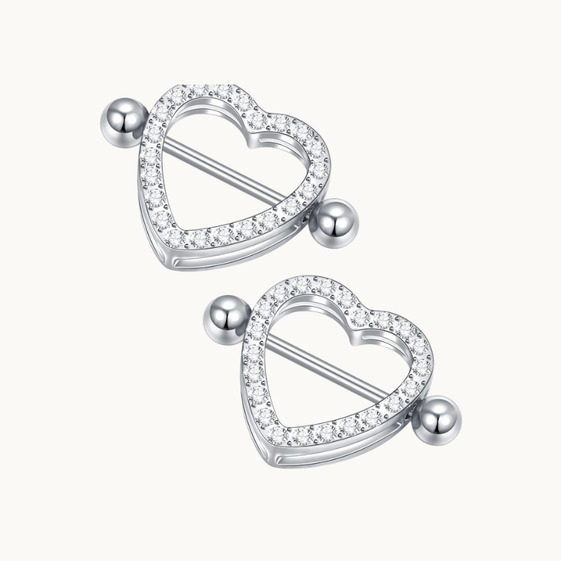 CZ Paved Heart Nipple Rings 14G Stainless Steel