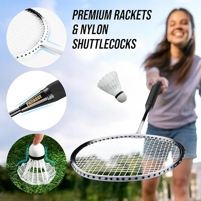 Patiassy Complete Badminton Set with Net, Rackets, Shuttlecocks & Carry Bag (White)