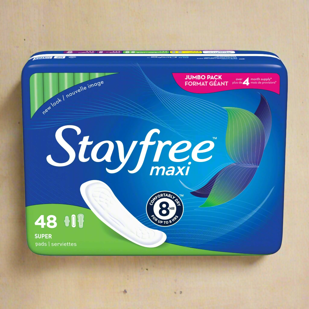 Stayfree Maxi Pads – Super, Long, Wingless, 48 Count