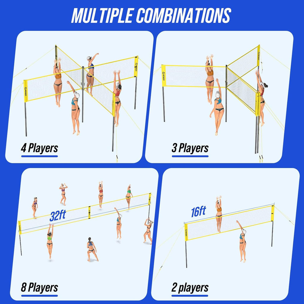 Patiassy 4-Way Volleyball Net Set with Ball & Carry Bag (Yellow)