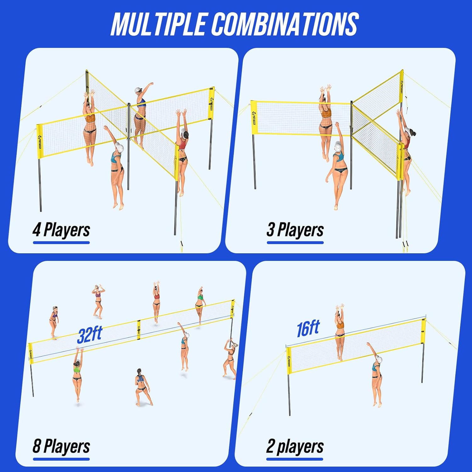 Patiassy 4-Way Volleyball Net Set with Ball & Carry Bag (Yellow)