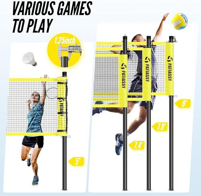 Patiassy Volleyball & Badminton 2-in-1 Combo Set with Adjustable Net (Yellow)