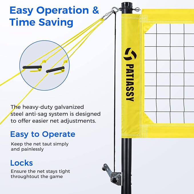 Patiassy Professional Volleyball Net Set with Adjustable Poles & Carry Bag (Yellow)