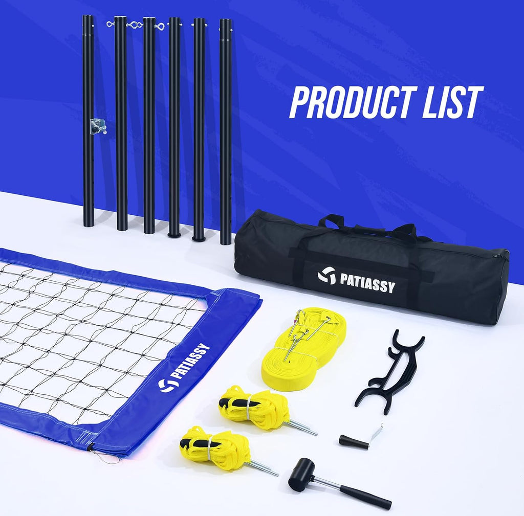 Patiassy Heavy-Duty Volleyball Net Set with Steel Cable & Carry Bag (Blue)