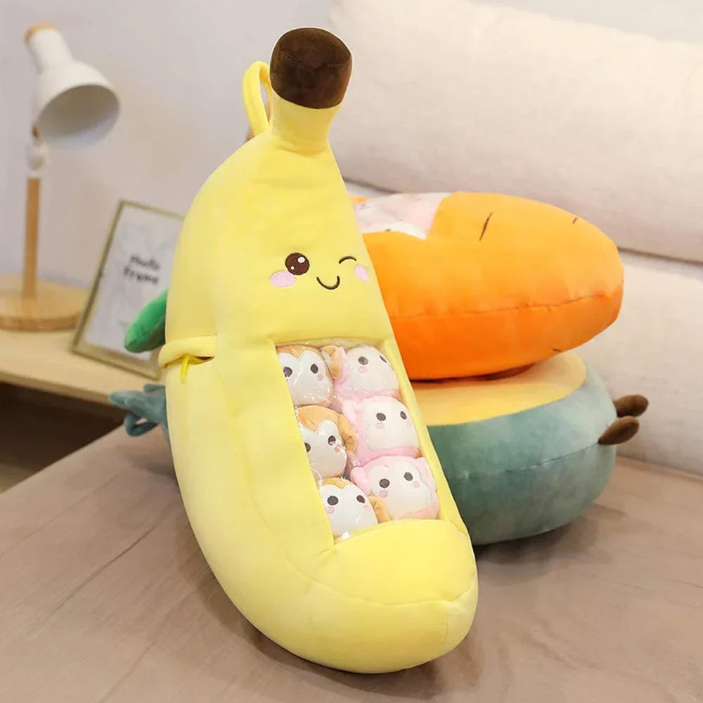 Zippered BANANA Plush Pillow Gift Throw Pillow Removable with 8 Little Dolls 24" x 18"