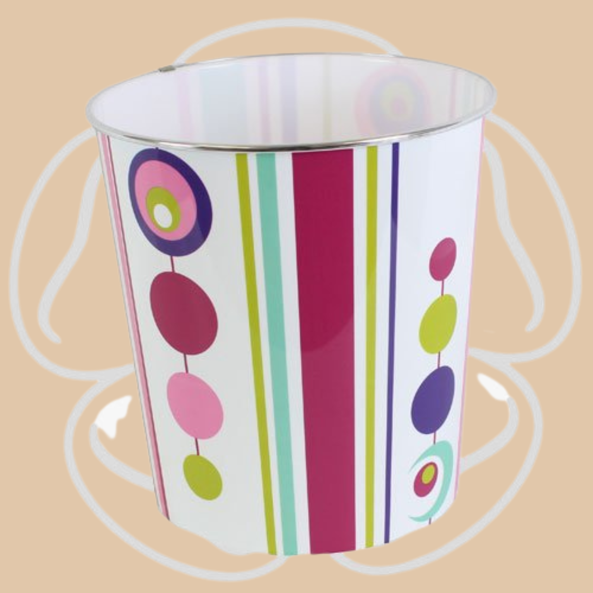 Medium-Large Wastebasket Lines & Dots Color Fun Print 10"
