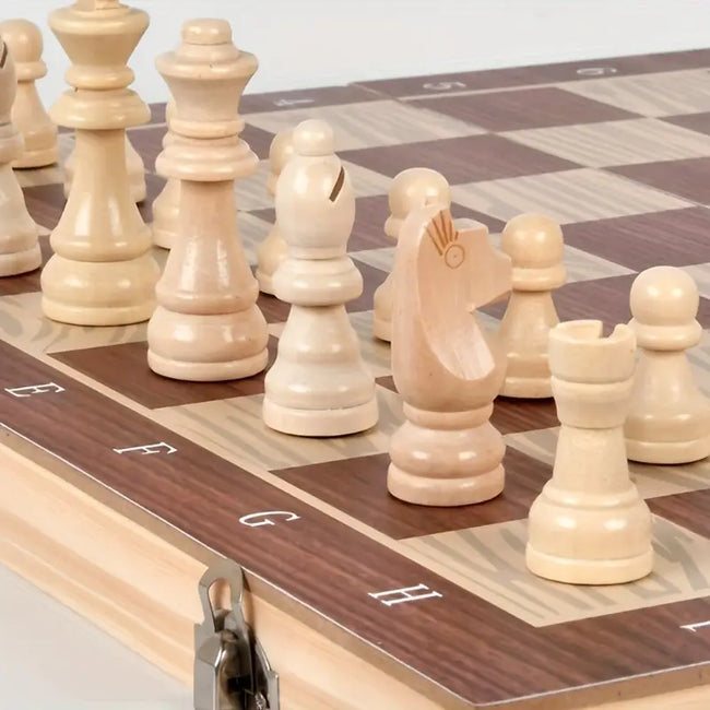 Deluxe 3-in-1 Wooden Chess Set with Checkers & Dual Lands - Includes Portable Folding Storage Box