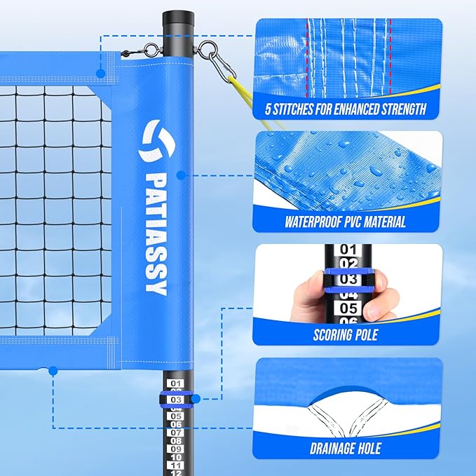 Patiassy Volleyball Net Set with Regulation-Size Net & Carry Bag (Blue)