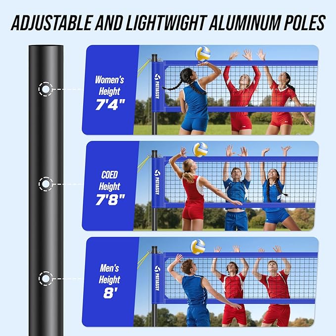 Patiassy Heavy-Duty Volleyball Net Set with Steel Cable & Carry Bag (Blue)