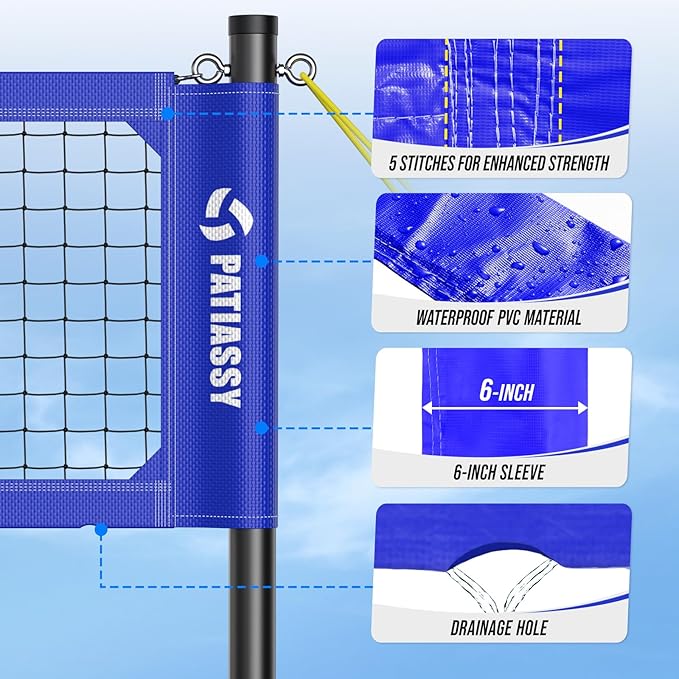 Patiassy Heavy-Duty Volleyball Net Set with Steel Cable & Carry Bag (Blue)