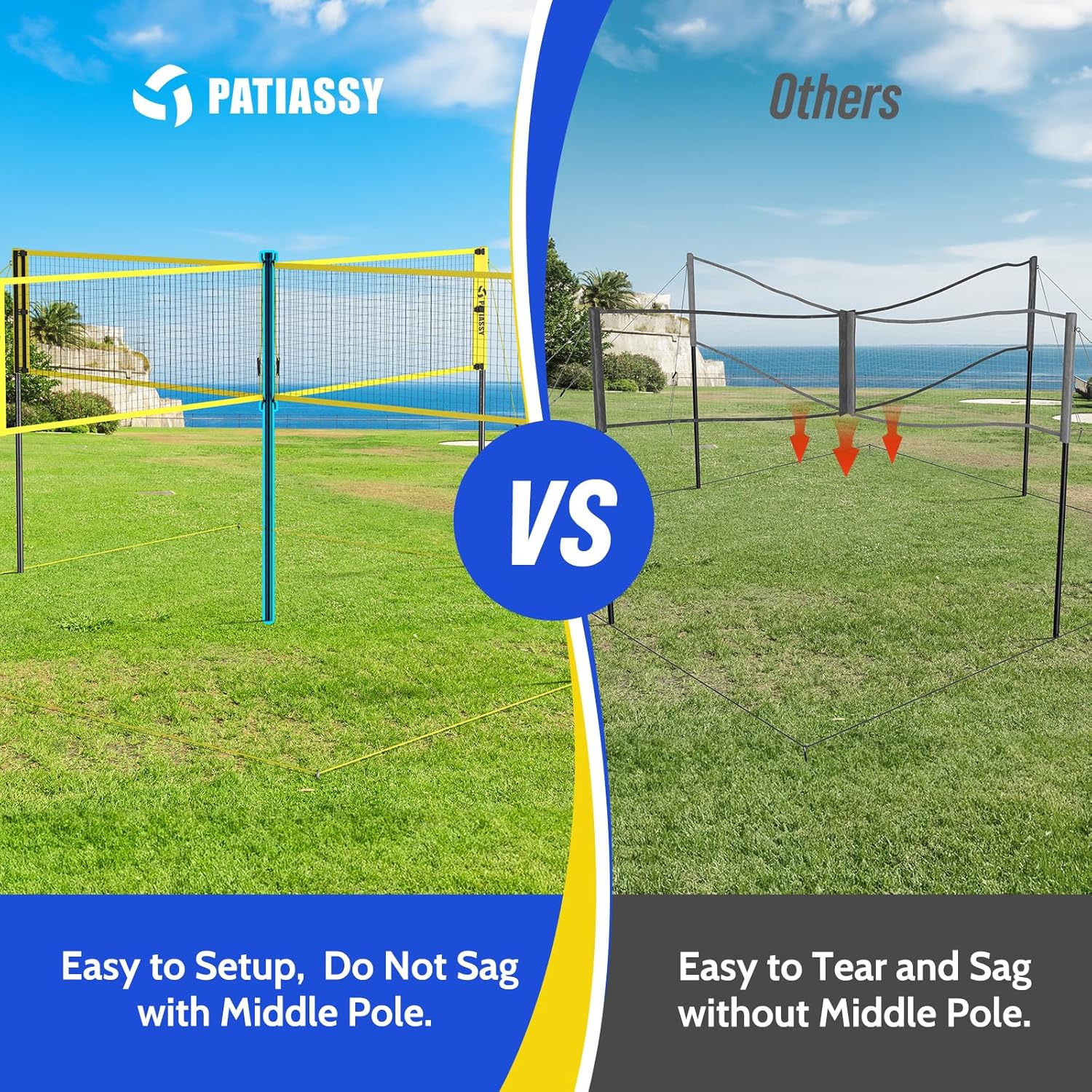 Patiassy 4-Way Volleyball Net Set with Ball & Carry Bag (Yellow)