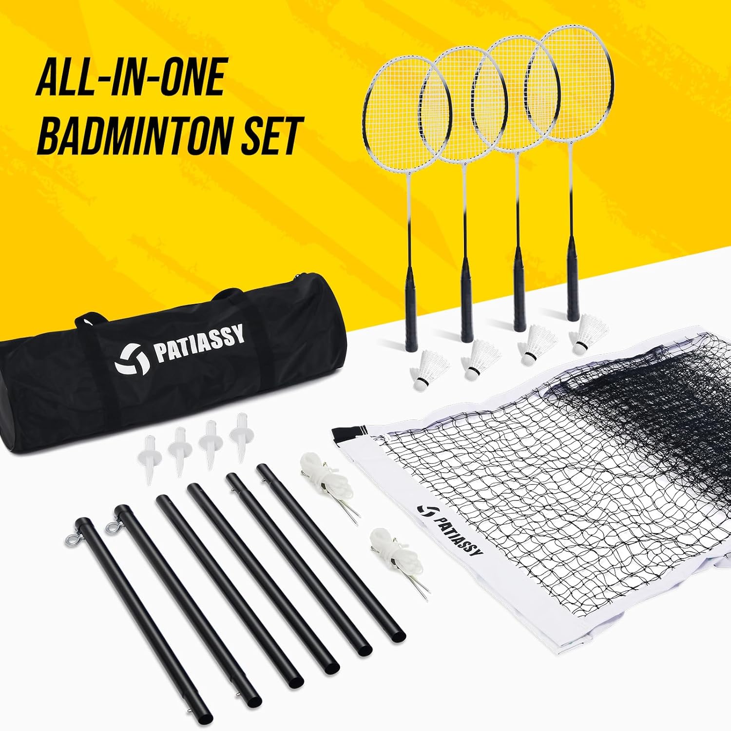 Patiassy Complete Badminton Set with Net, Rackets, Shuttlecocks & Carry Bag (White)