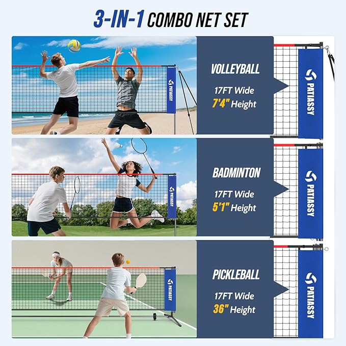 Patiassy Volleyball & Badminton Combo Set with Adjustable Net