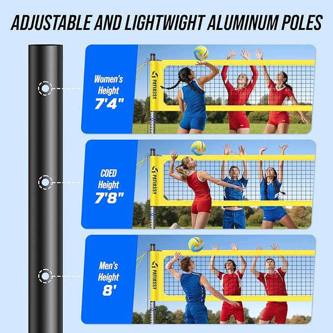 Patiassy Portable Professional Outdoor Volleyball Net Set with Adjustable Height Aluminum Poles, Winch System, Volleyball with Pump and Carrying Bag for Backyard Beach