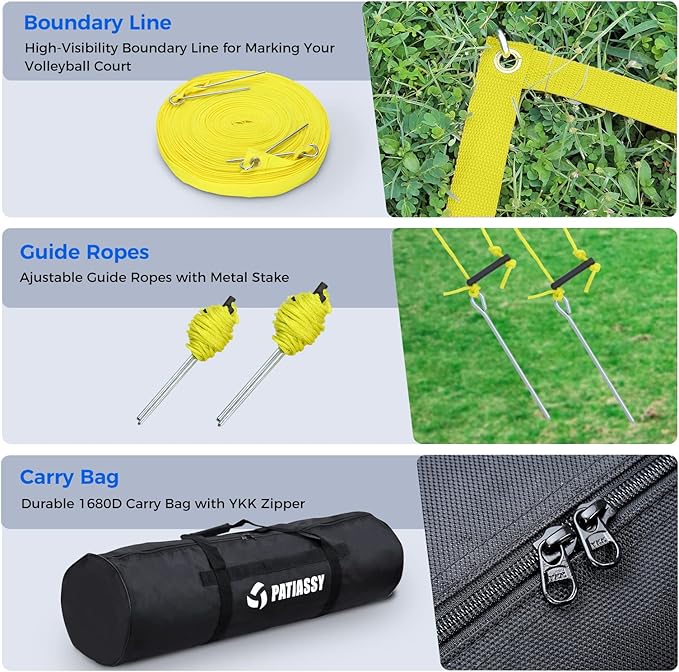 Patiassy Professional Volleyball Net Set with Adjustable Poles & Carry Bag (Yellow)