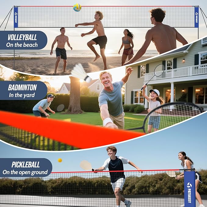 Patiassy Volleyball & Badminton Combo Set with Adjustable Net